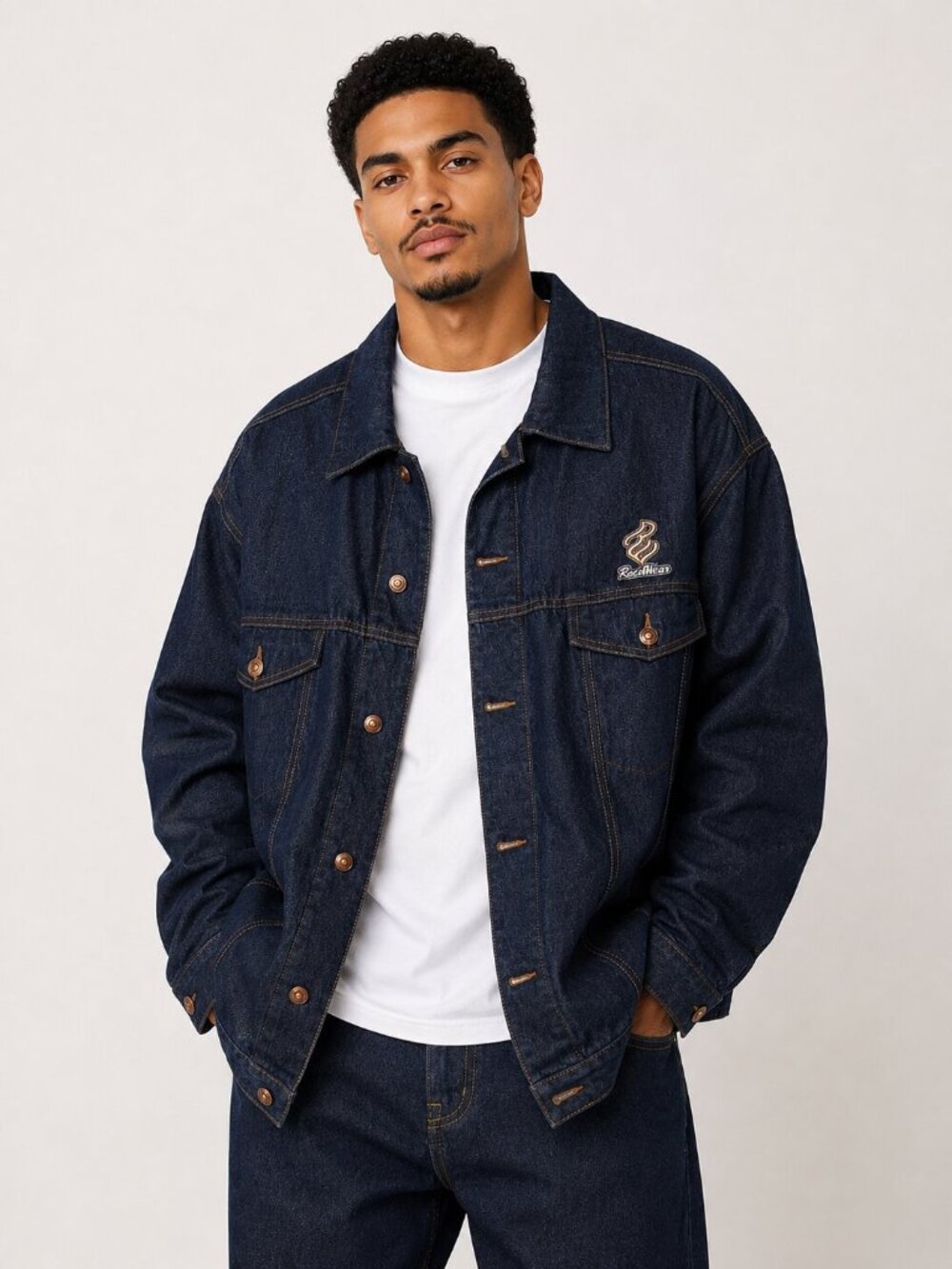 RocaWear 90s Vintage Jean Jacket Mens Size 38 Dark Blue Y2K Streetwear EUC